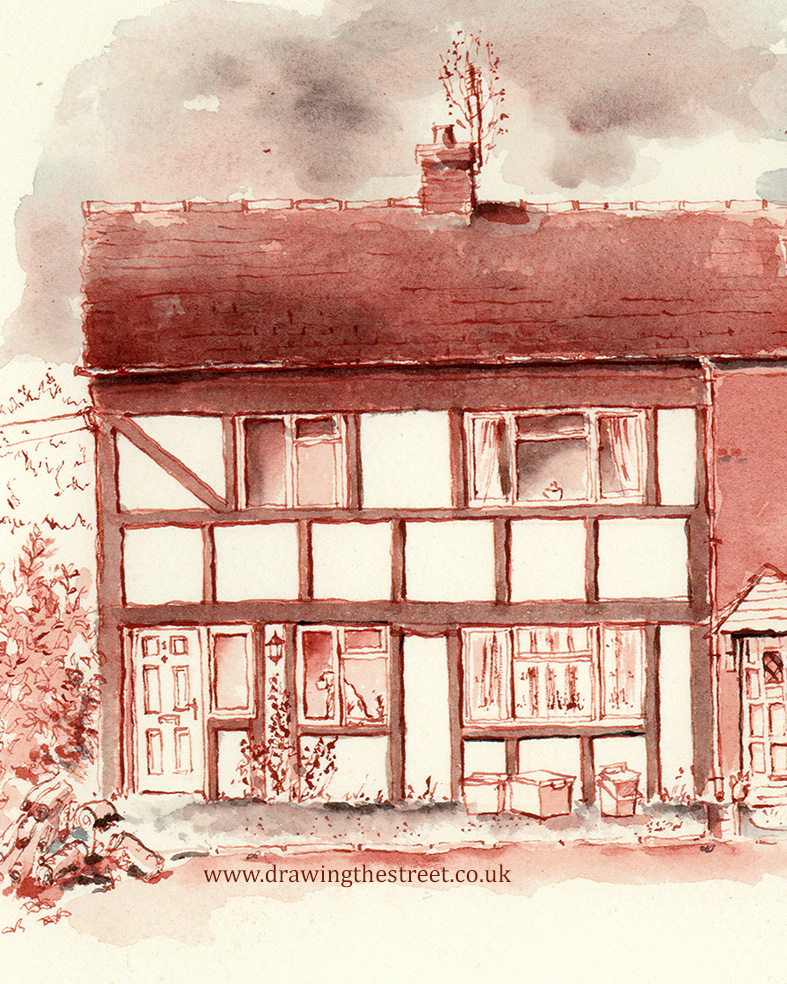 dog in the window of drawing of station cottages Baldwins Gate