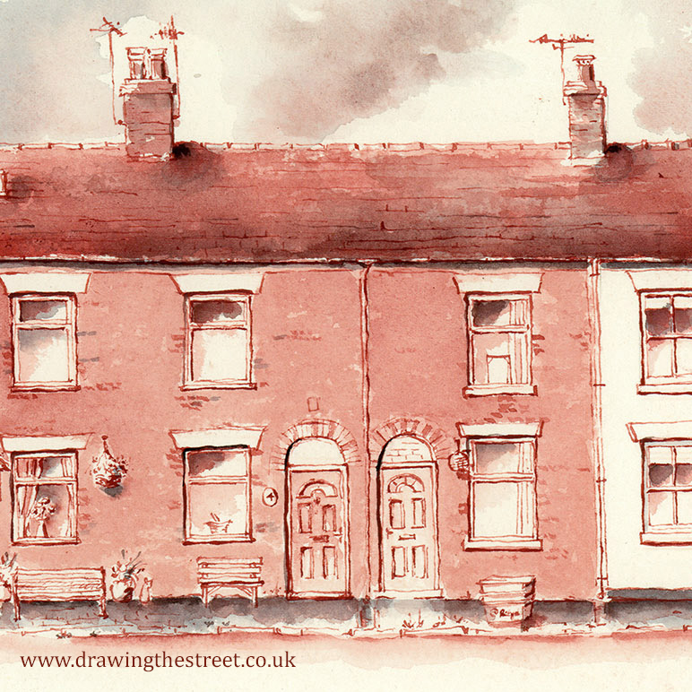 pen and ink drawing of station cottages in Baldwins Gate
