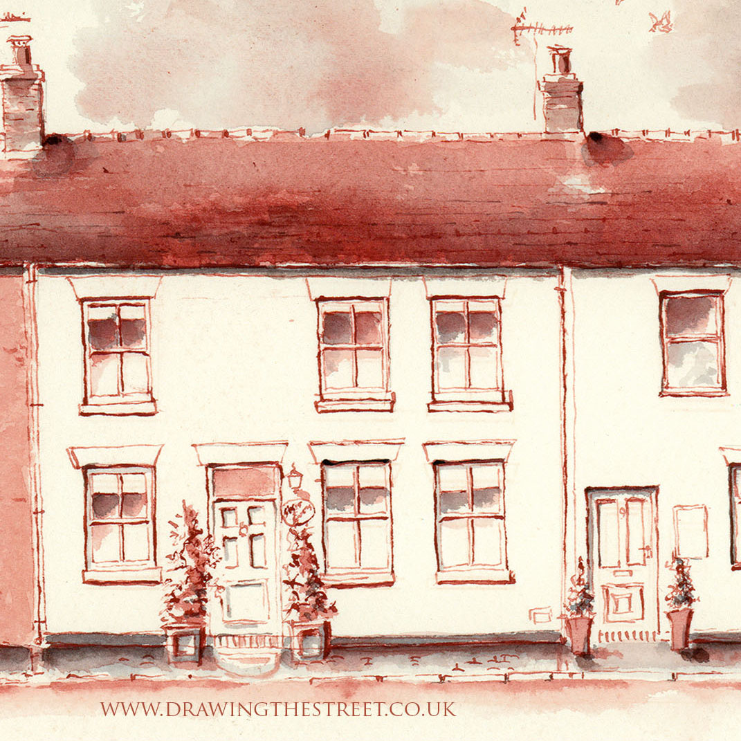 Station Cottages, Baldwins Gate drawing by Ronnie Cruwys Drawing the Street