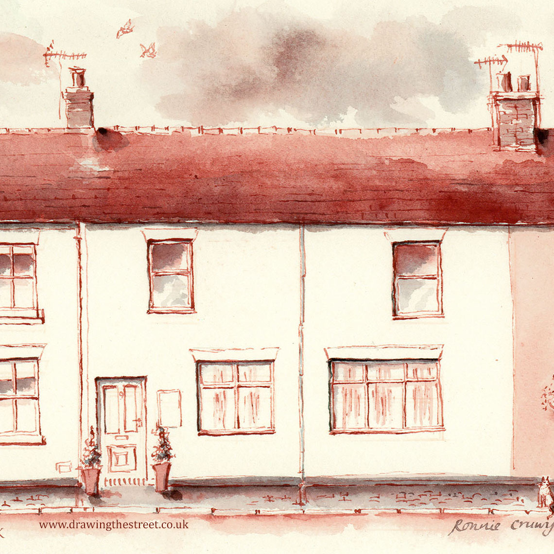 pen and ink drawing of station cottages Baldwins Gate by Ronnie Cruwys